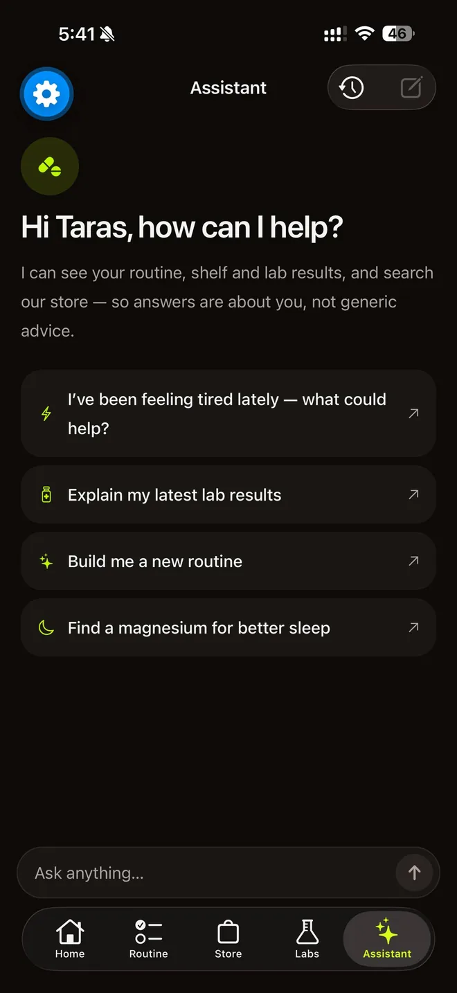 Supin's Assistant: “Hi, how can I help?” with suggestions like Explain my latest lab results and Build me a new routine