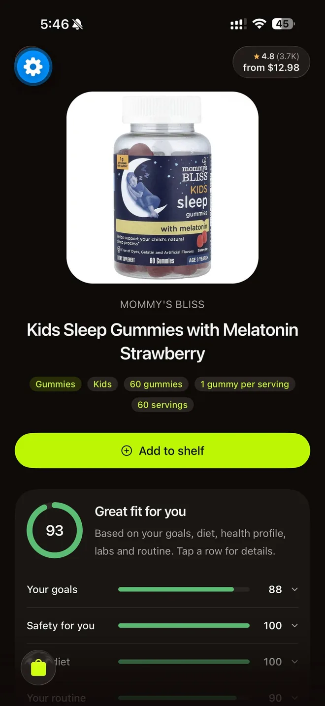 A product page in Supin: Kids Sleep Gummies with a fit score of 93 — “Great fit for you” — broken down by your goals, safety for you, diet and routine