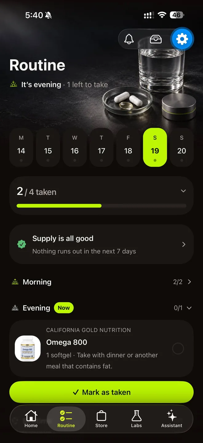 Supin's Routine tab in the evening: the week strip, 2 of 4 taken, “Supply is all good”, Morning 2/2 and Evening with Omega 800 and a Mark as taken button