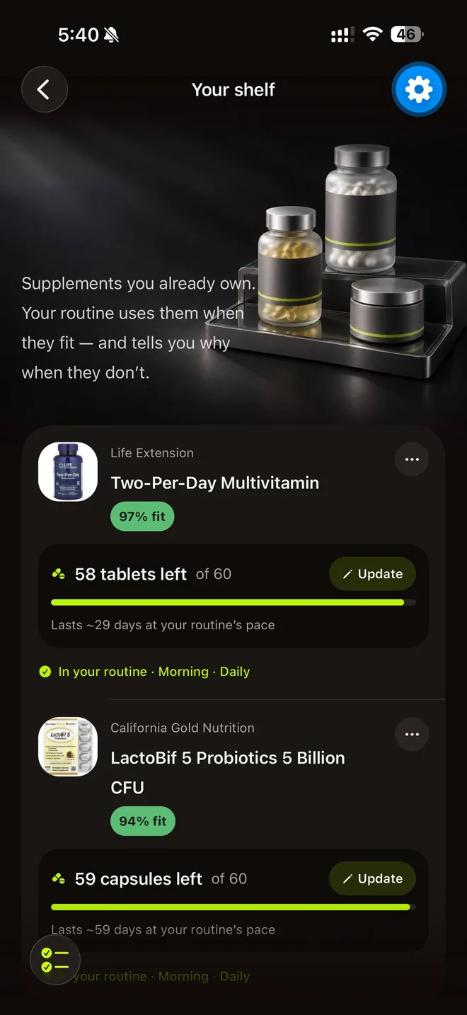 Supin's shelf: Two-Per-Day Multivitamin with a 97% fit and 58 tablets left (about 29 days at your routine's pace), and LactoBif probiotics with a 94% fit