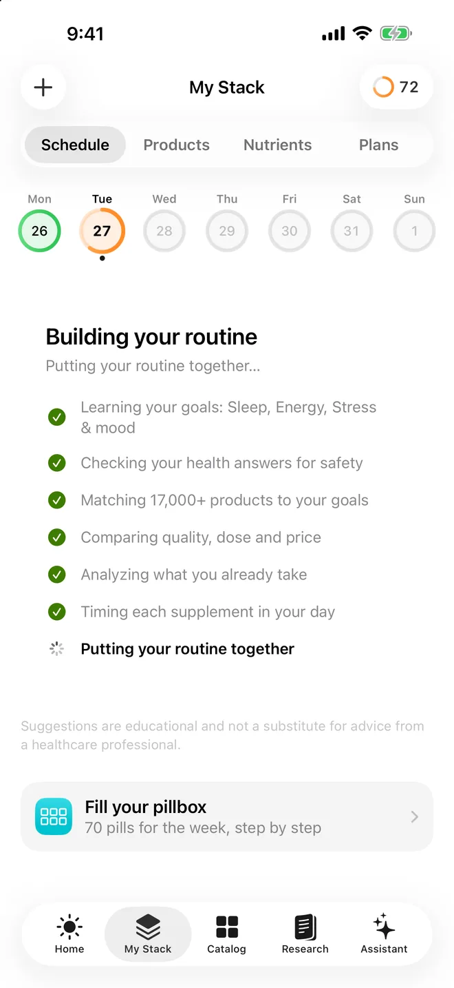 Suppin building a routine: “Building your routine” with steps such as checking your health answers for safety, matching products to your goals and timing each supplement in your day