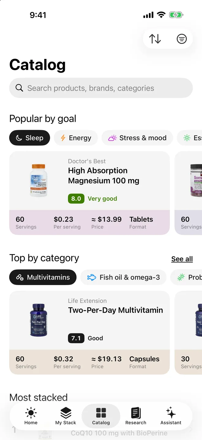 Suppin's Catalog: a search bar for products, brands and categories, products recommended for you, popular products by goal and categories such as magnesium, omega-3 and probiotics