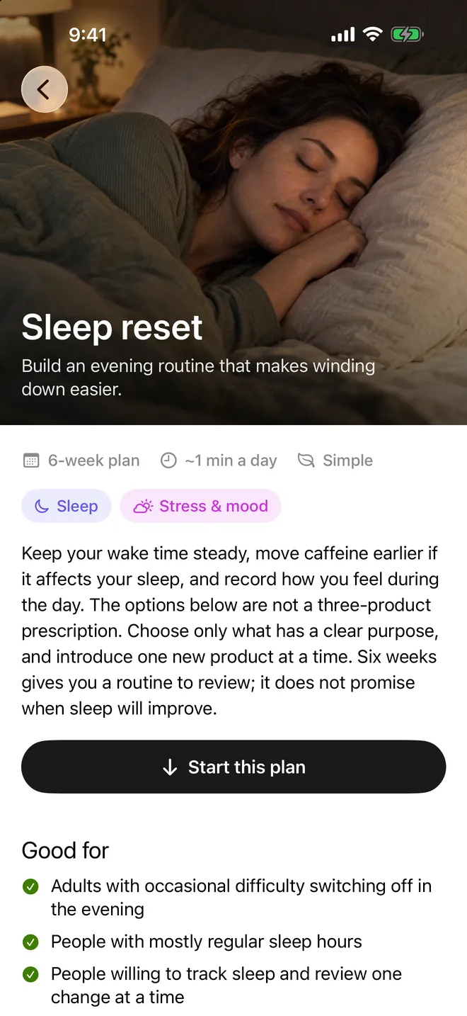 A plan in Suppin: Sleep reset with What's in it, the nutrients with their timing and evidence level, and Add buttons next to the ones not yet in your stack