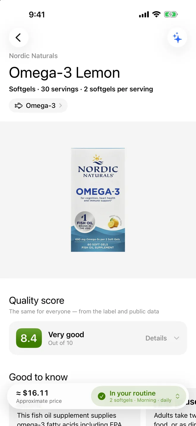 A product page in Suppin: the product photo, what's inside per serving, a quality score out of 10 and a “For you” verdict explaining whether the product suits you