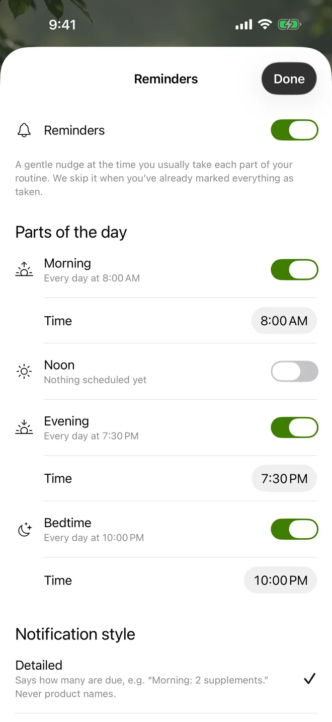 Suppin's Reminders: a time for each part of the day (morning, noon, evening, bedtime), the notification style with Detailed and Simple, and the pillbox refill reminder
