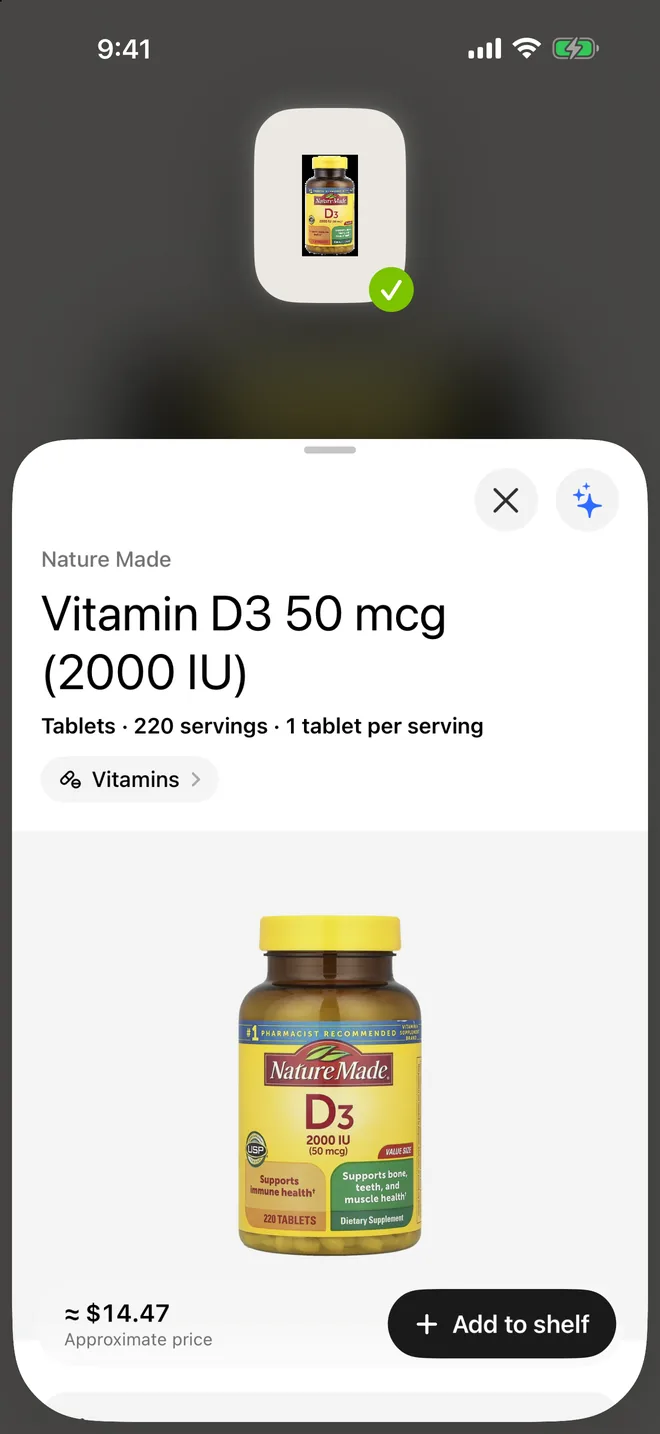 Suppin's scanner: a supplement bottle in the camera view with “Point at the barcode, or take a photo of the front label”, a shutter button and a photo-library button
